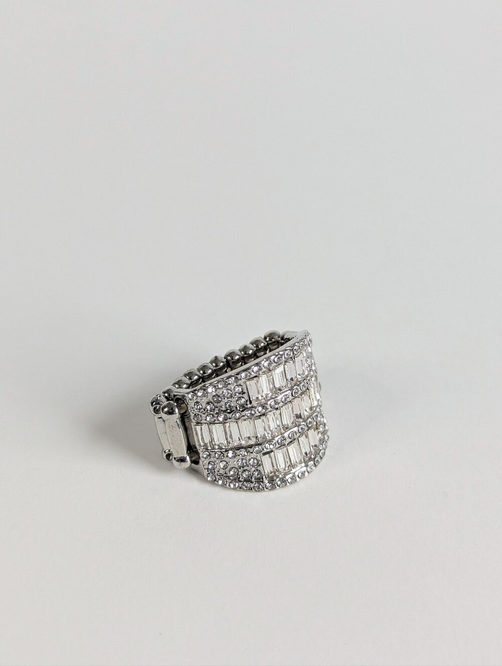 Vintage Silver Rhinestone Stretch Ring Lot Crystal Baguette Statement Pack 3pc - Picture 5 of 14